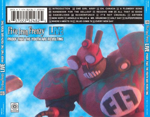 Back cover for Five Iron Frenzy's live album, Proof that the Youth are Revolting